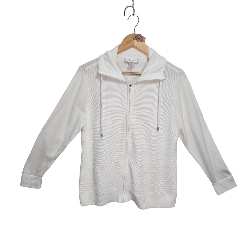 CJ Banks Womens White Full Zip Ribbed Knit Funnel Neck Cardigan Sweater Size X